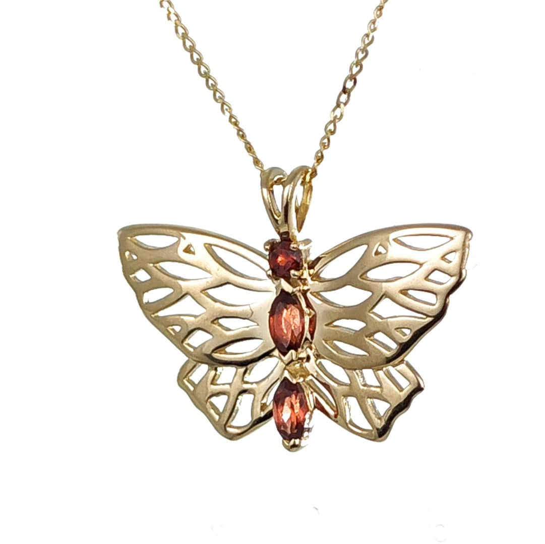 9ct Gold Garnet Butterfly Necklace Red Hallmarked UK Design Handmade