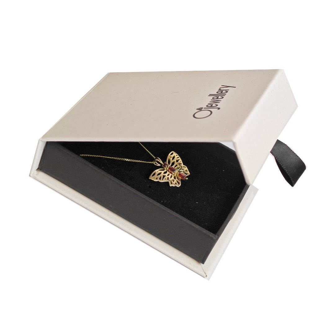 9ct Gold Garnet Butterfly Necklace Red Hallmarked UK Design Handmade