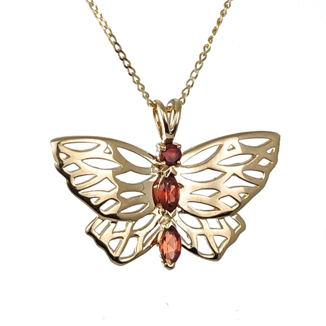 9ct Gold Garnet Butterfly Necklace Red Hallmarked UK Design Handmade