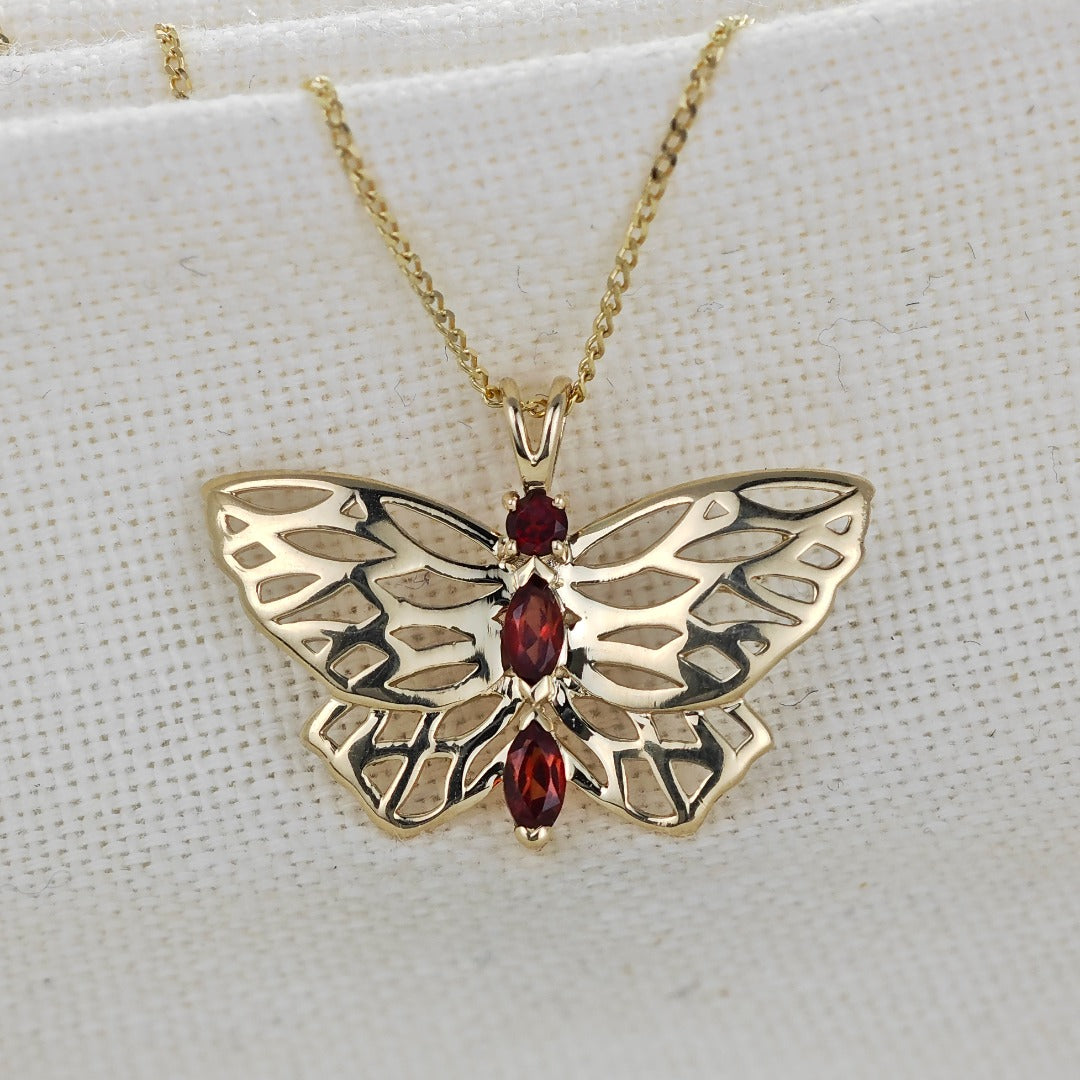 9ct Gold Garnet Butterfly Necklace Red Hallmarked UK Design Handmade