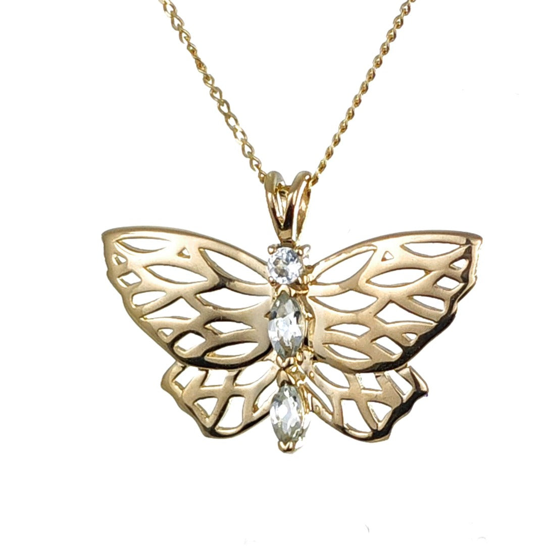 9ct Aquamarine Butterfly Necklace Gold Hallmarked UK Design Handmade
