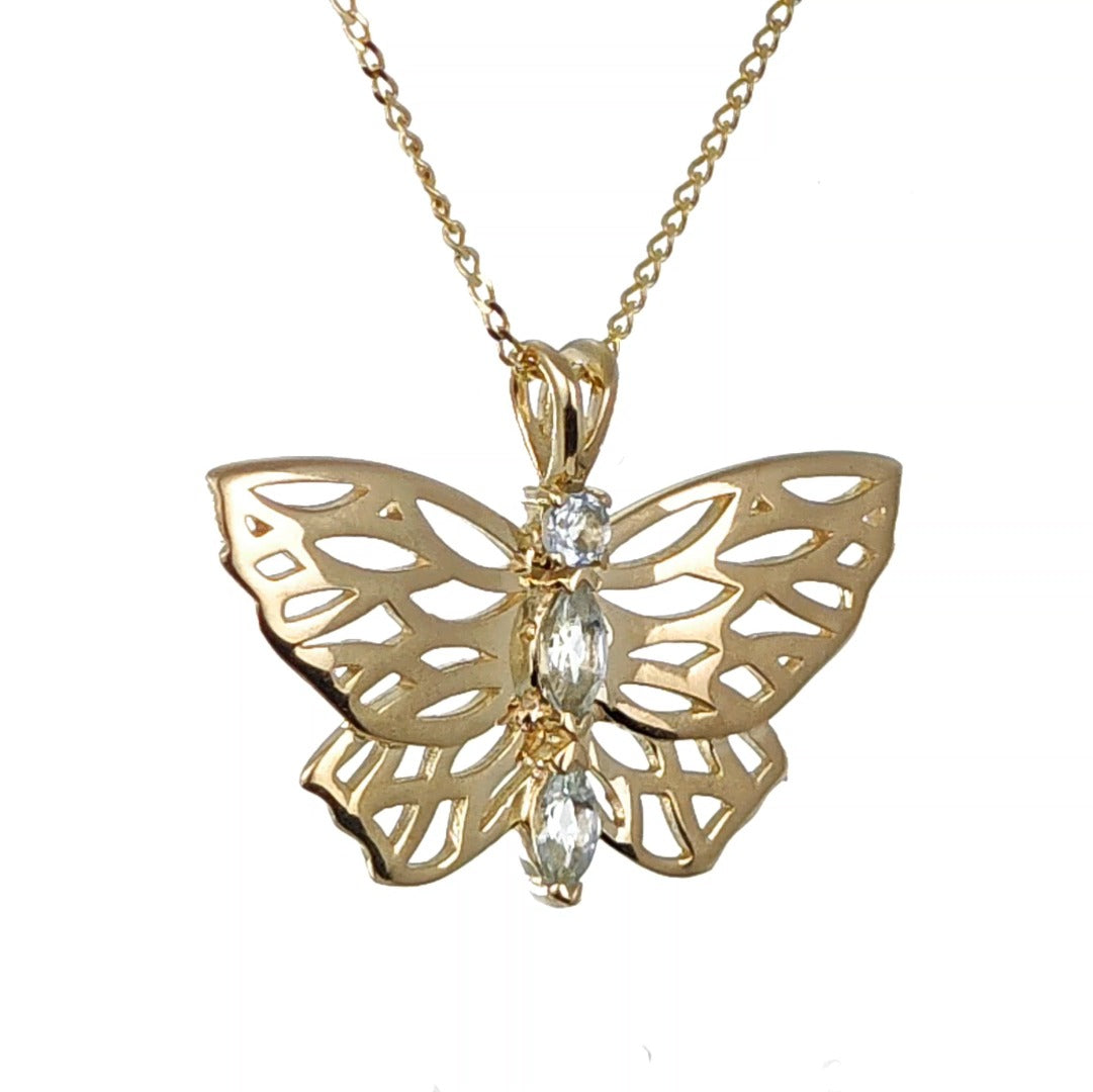9ct Aquamarine Butterfly Necklace Gold Hallmarked UK Design Handmade