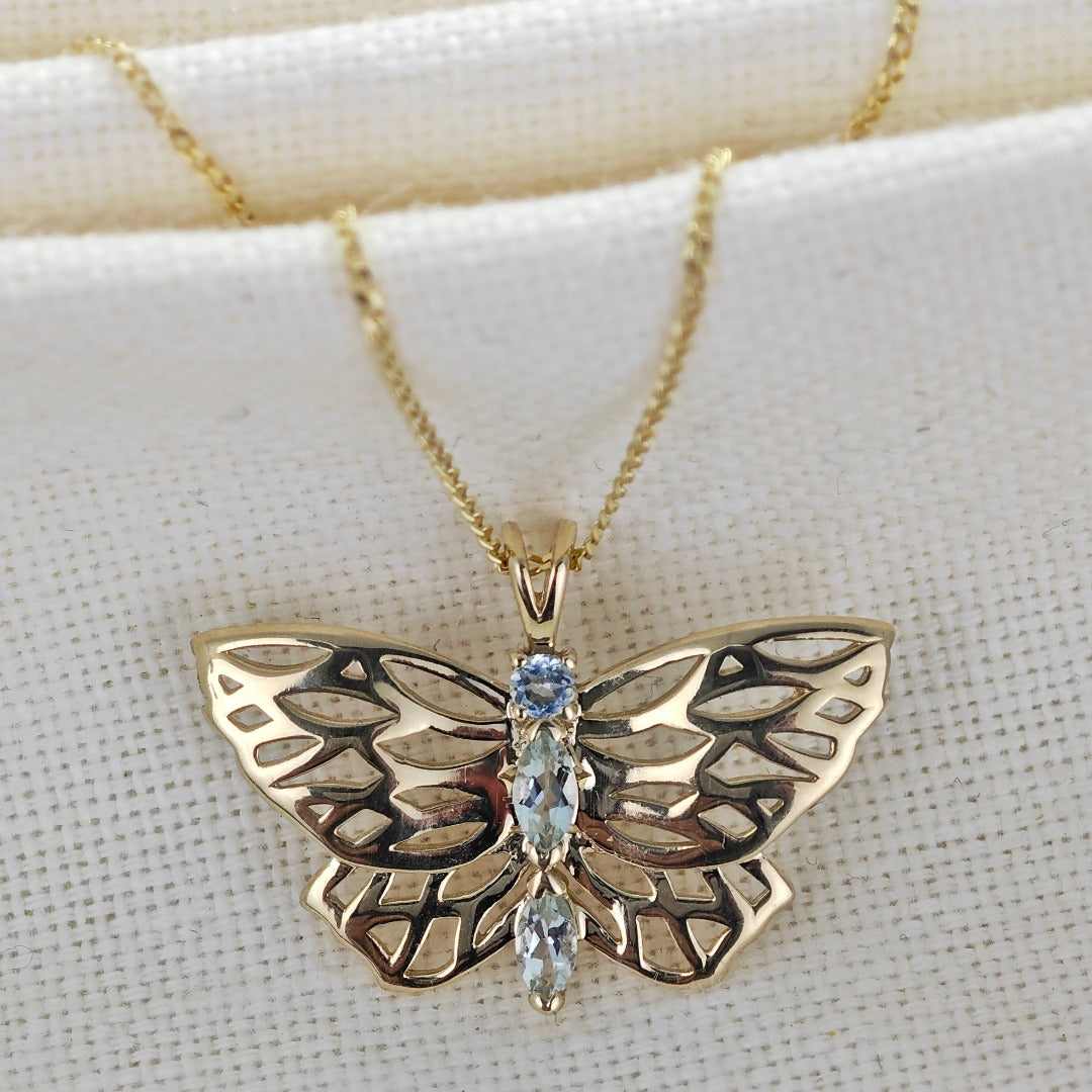 9ct Aquamarine Butterfly Necklace Gold Hallmarked UK Design Handmade