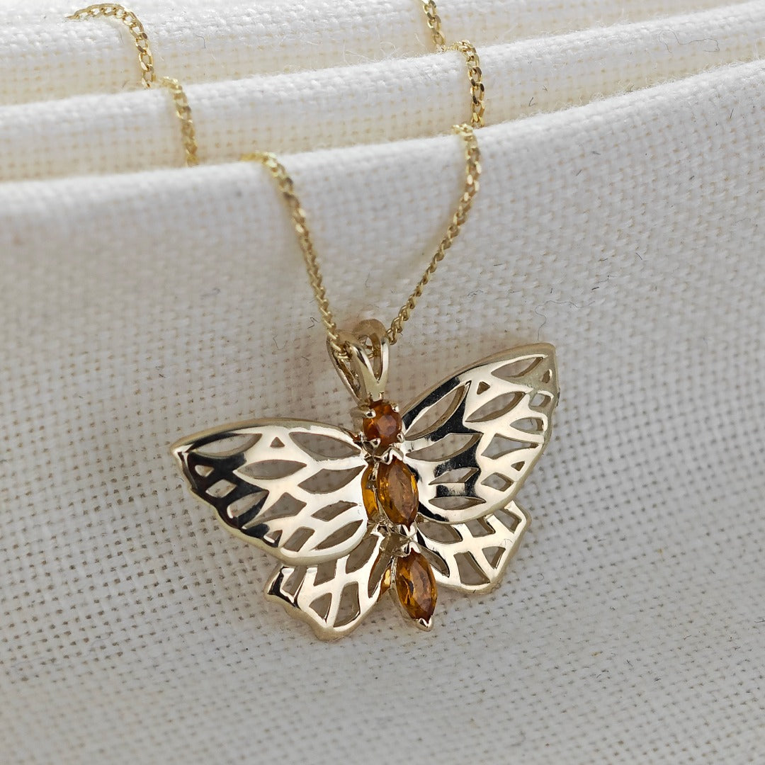 9ct Citrine Butterfly Necklace Yellow Gold Hallmarked UK Design Handmade