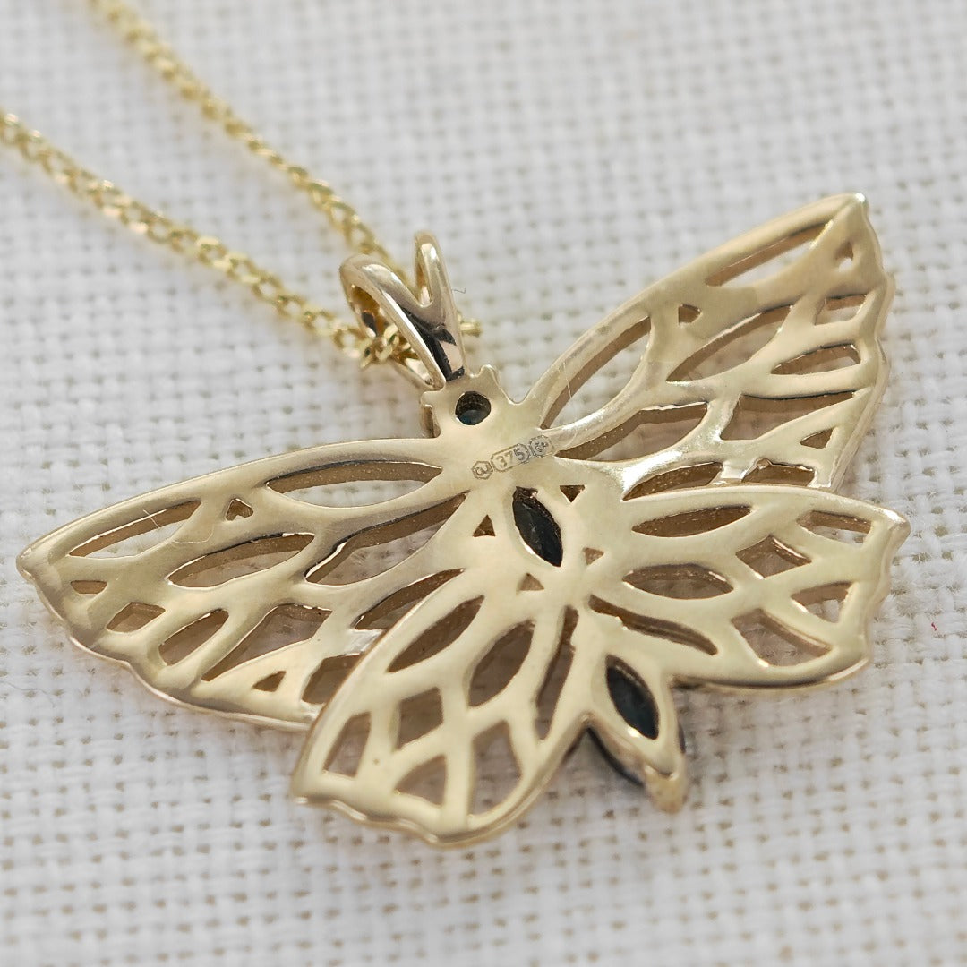 9ct Butterfly Necklace Yellow Gold London Blue Topaz Treated Hallmarked UK Design Handmade