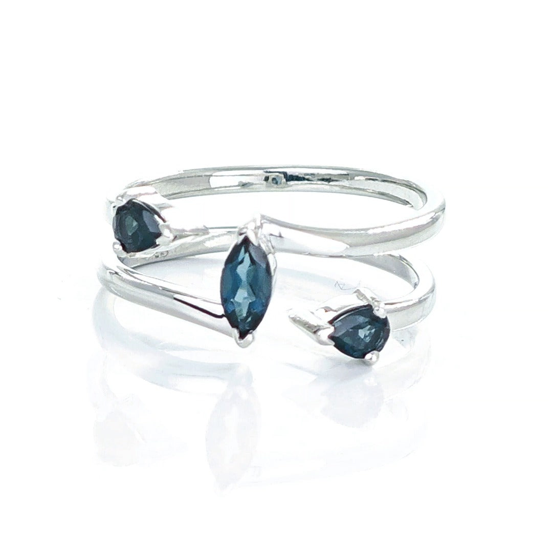 London Blue Topaz Ring Adjustable M -S Sterling Silver Marquise Trilogy