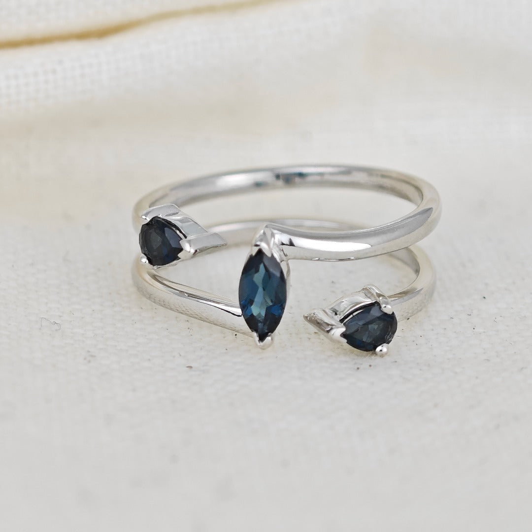 London Blue Topaz Ring Adjustable M -S Sterling Silver Marquise Trilogy