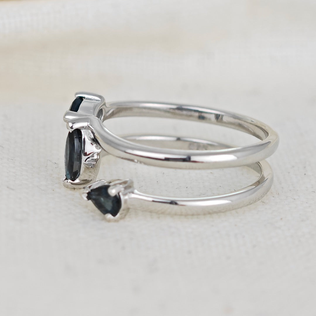 London Blue Topaz Ring Adjustable M -S Sterling Silver Marquise Trilogy