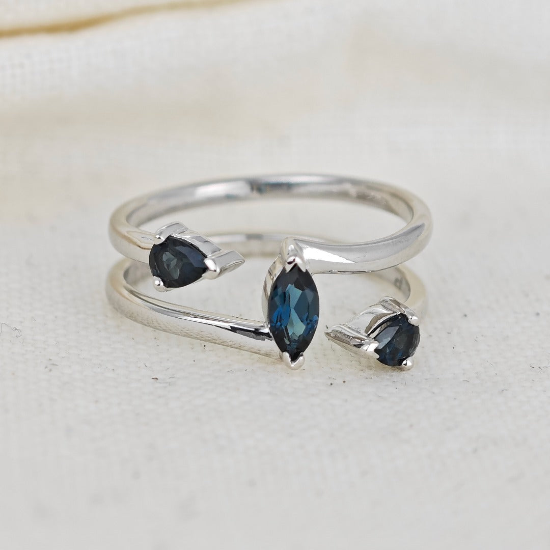 London Blue Topaz Ring Adjustable M -S Sterling Silver Marquise Trilogy