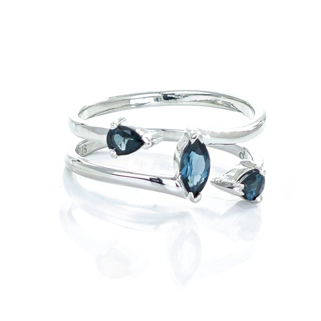 London Blue Topaz Ring Adjustable M -S Sterling Silver Marquise Trilogy