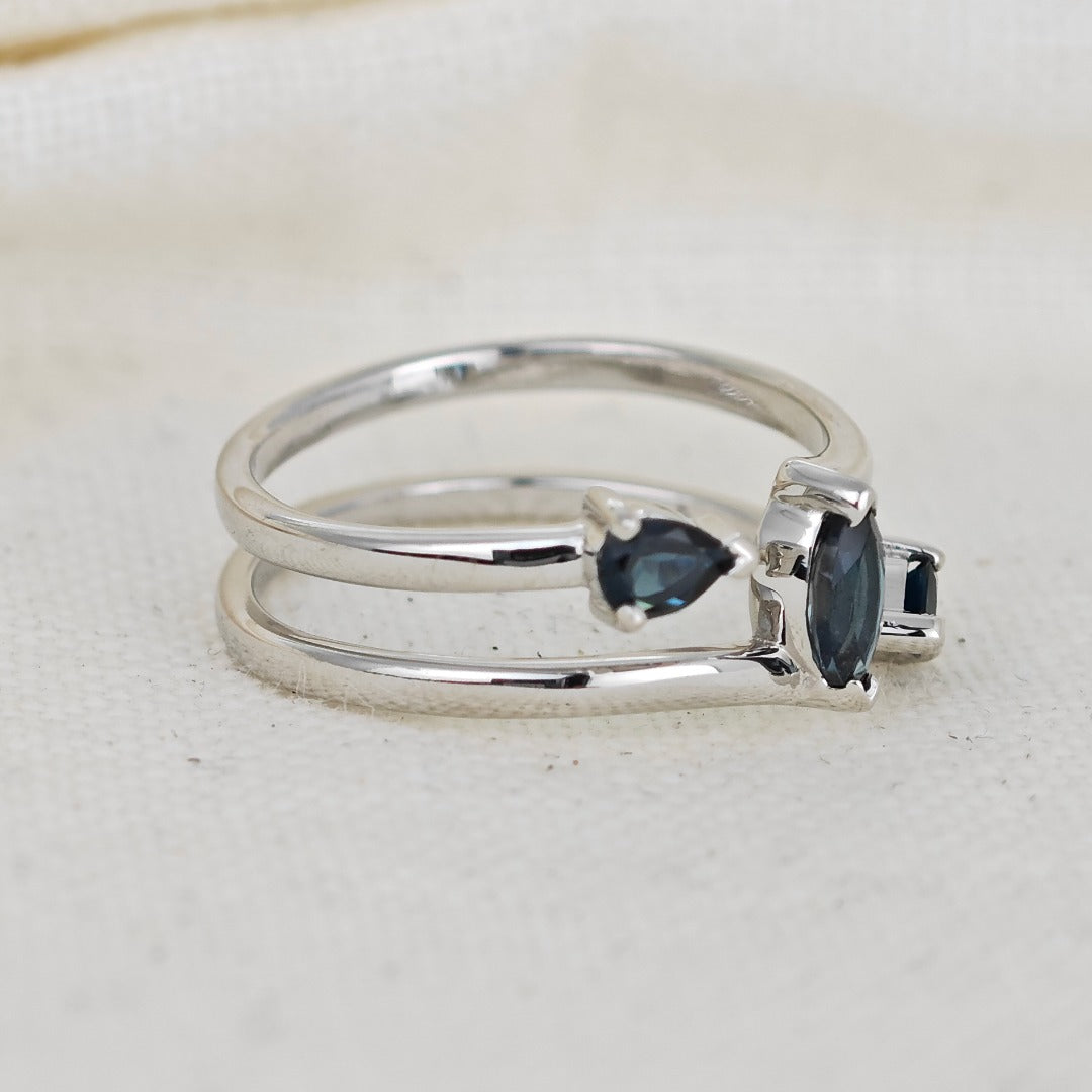 London Blue Topaz Ring Adjustable M -S Sterling Silver Marquise Trilogy