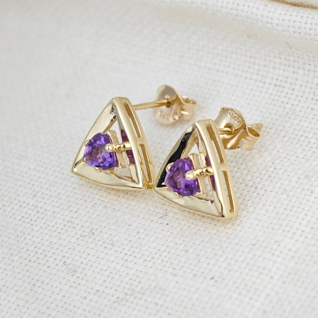 9ct Yellow Gold Triangle Amethyst Earrings
