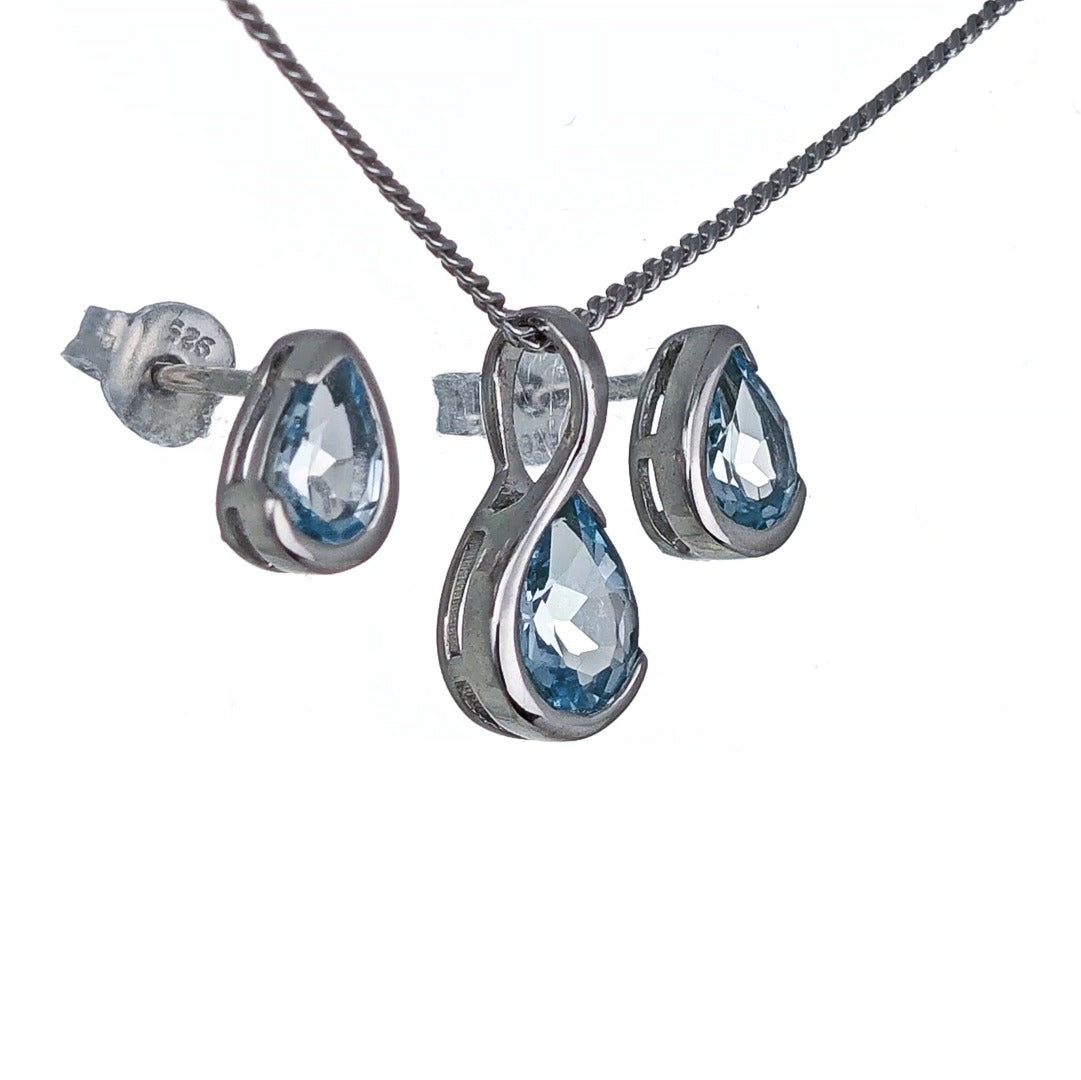Blue Topaz Set Sterling Silver Pendant Stud Earrings Infinity Loop