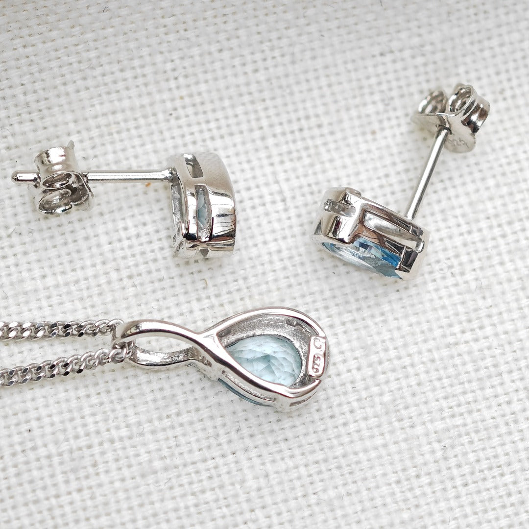 Blue Topaz Set Sterling Silver Pendant Stud Earrings Infinity Loop