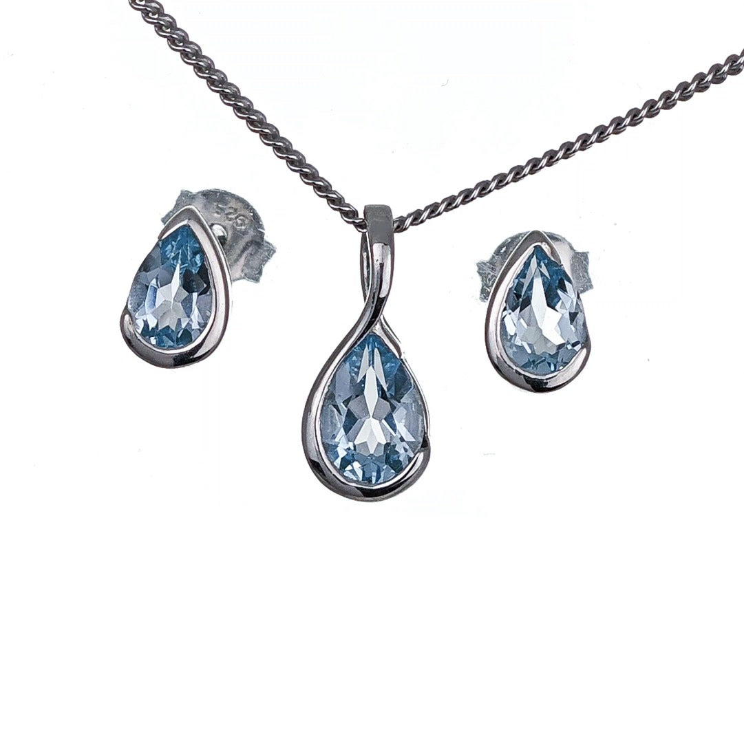 Blue Topaz Set Sterling Silver Pendant Stud Earrings Infinity Loop