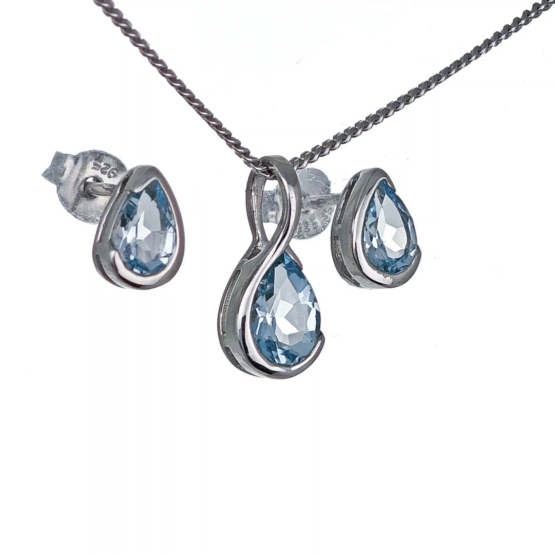 Blue Topaz Set Sterling Silver Pendant Stud Earrings Infinity Loop