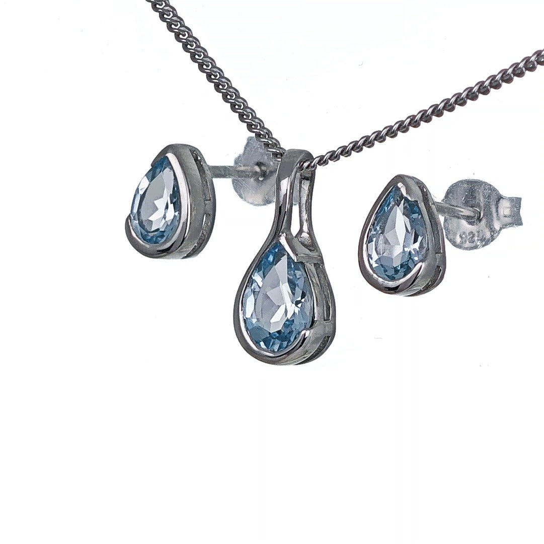 Blue Topaz Set Sterling Silver Pendant Stud Earrings Infinity Loop