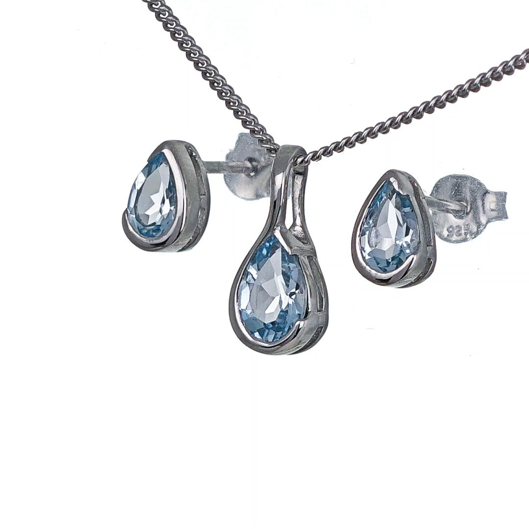 Blue Topaz Set Sterling Silver Pendant Stud Earrings Infinity Loop