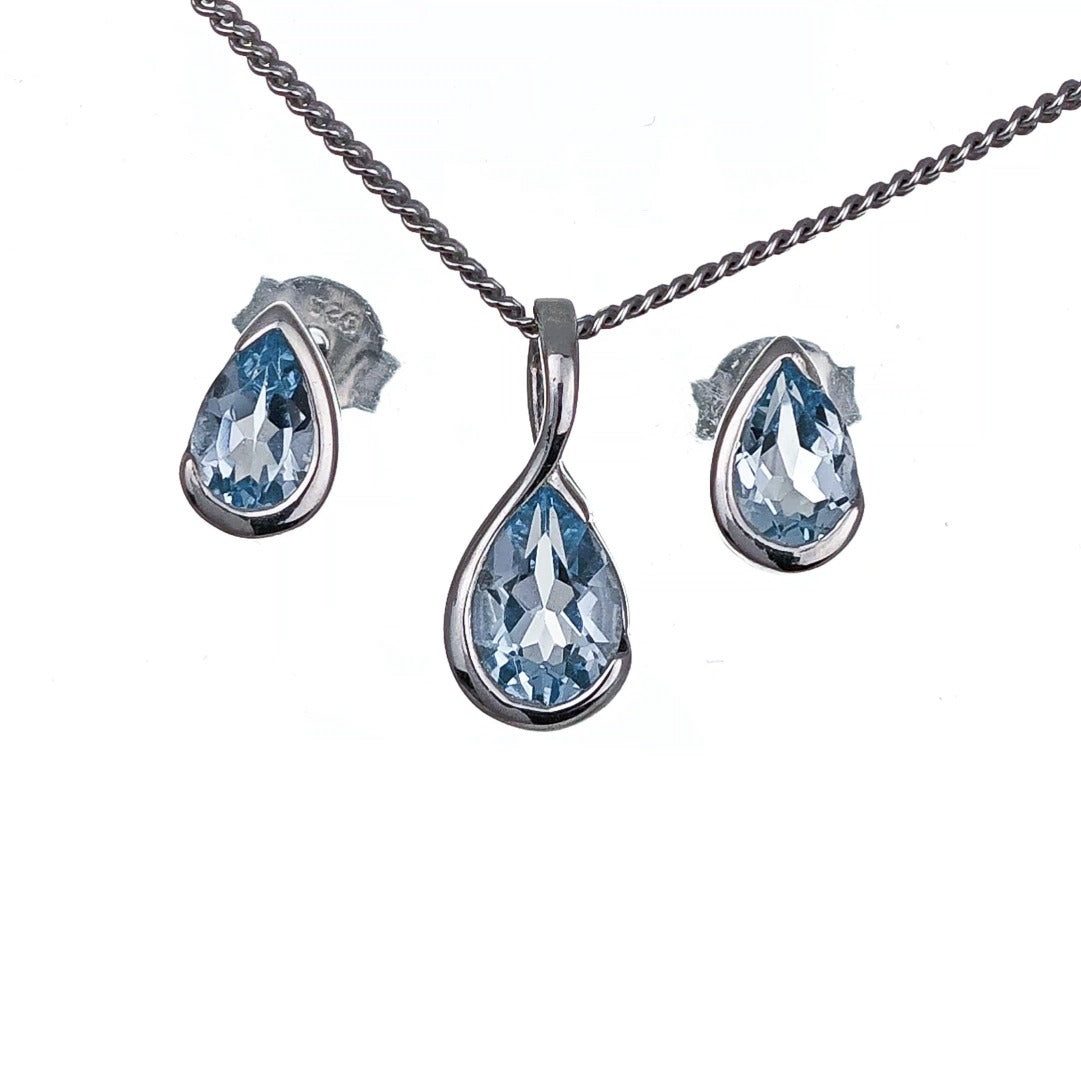 Blue Topaz Set Sterling Silver Pendant Stud Earrings Infinity Loop
