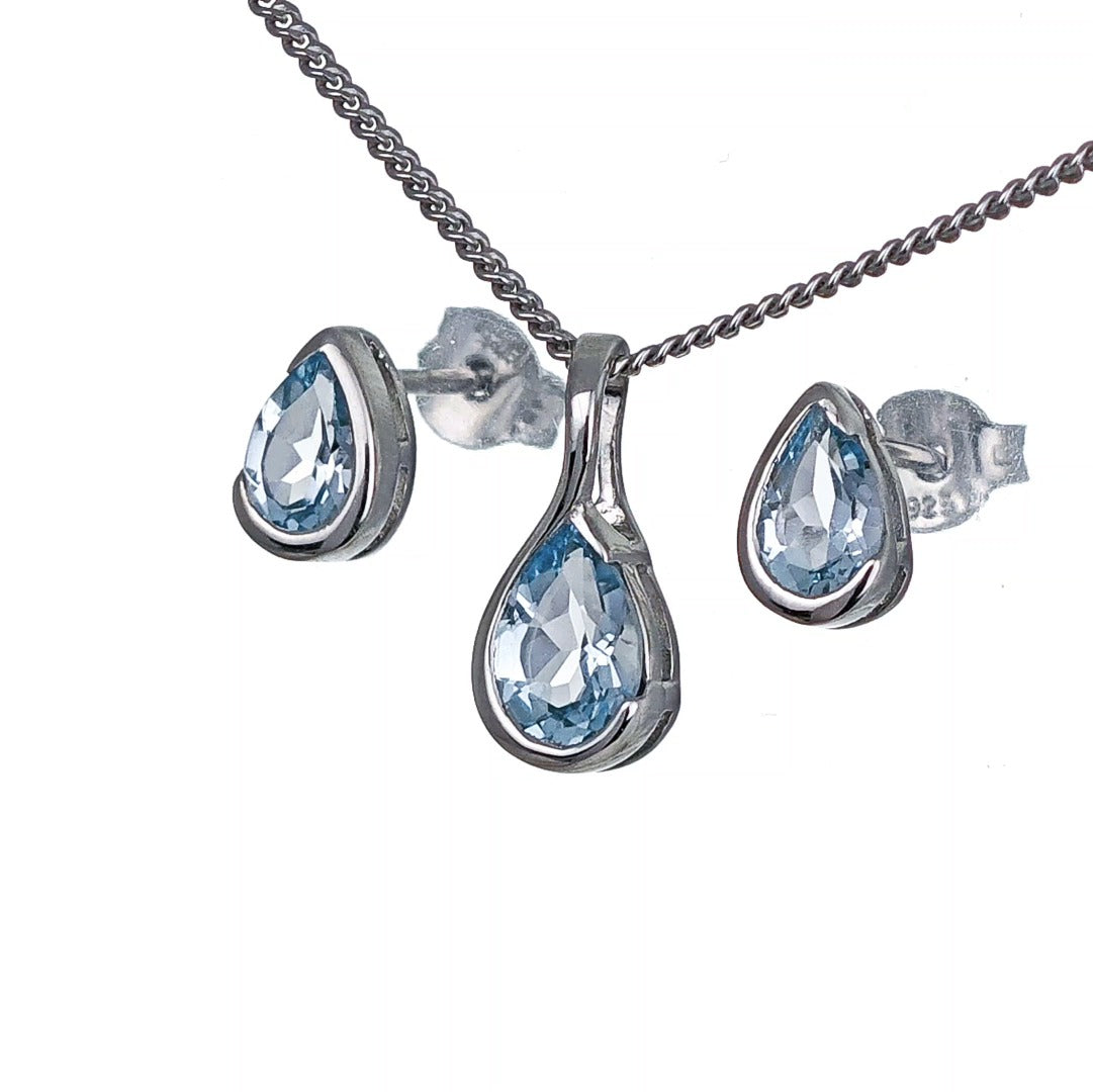 Aquamarine Necklace Set Sterling Silver Infinity Loop Pendant Stud Earrings