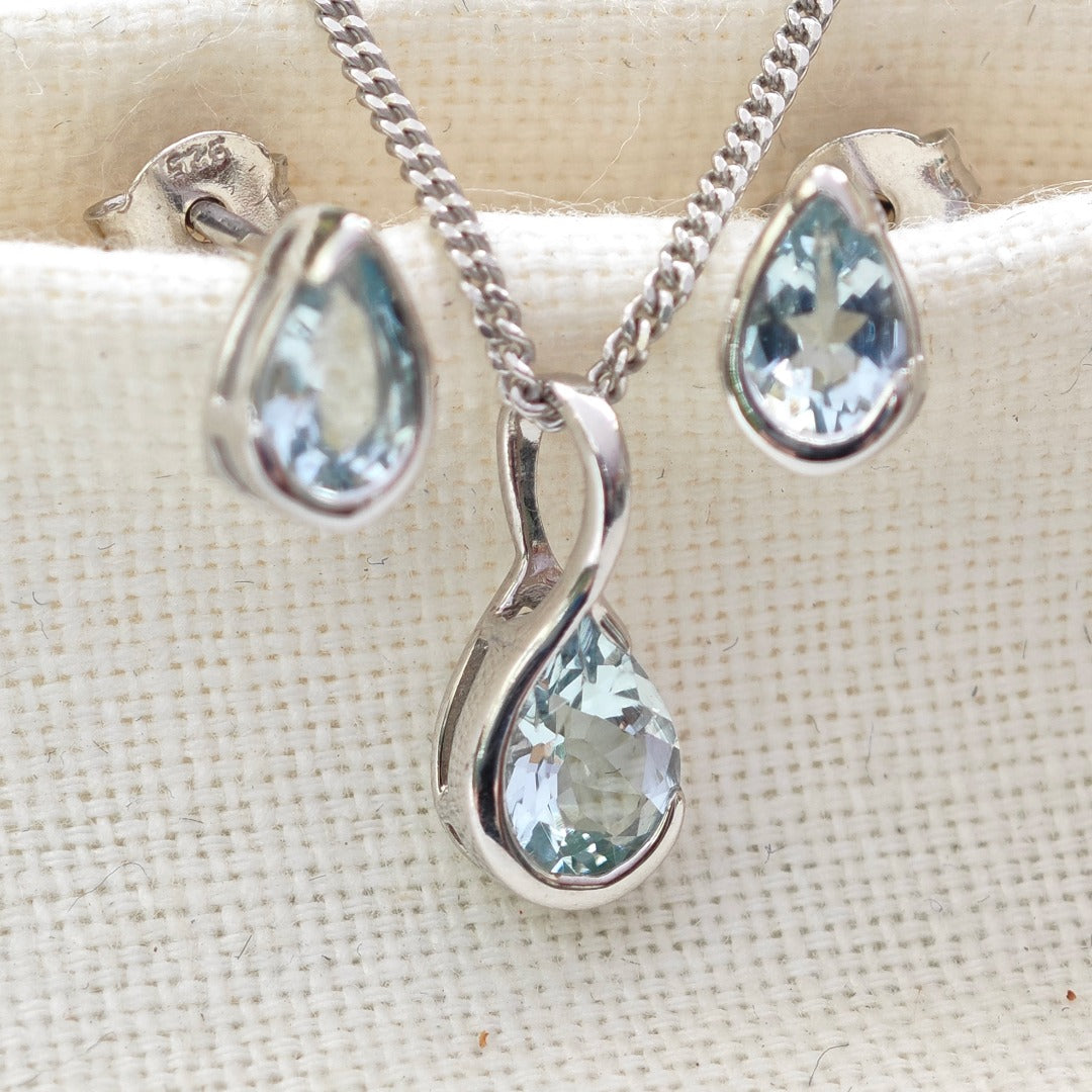 Aquamarine Necklace Set Sterling Silver Infinity Loop Pendant Stud Earrings
