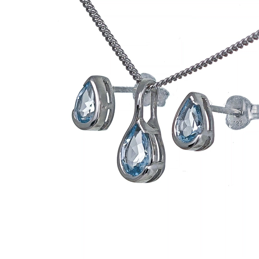 Aquamarine Necklace Set Sterling Silver Infinity Loop Pendant Stud Earrings