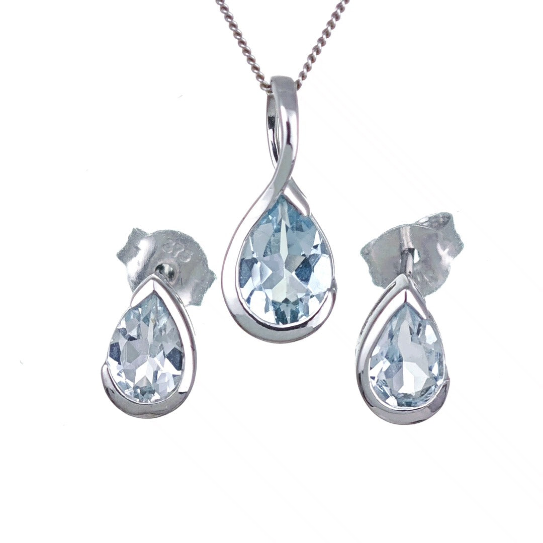 9ct White Gold Aquamarine Set Pendant Earring Infinity Loop