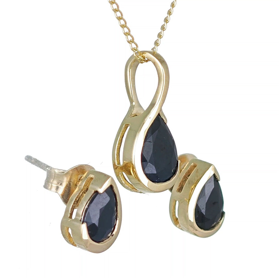 9ct Yellow Gold Sapphire Set Pendant Stud Earrings Infinity Loop Natural Gemstone