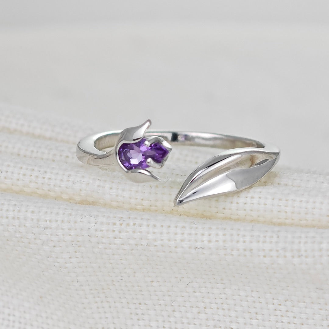 Sterling Silver Amethyst Ring Tulip Flower Adjustable