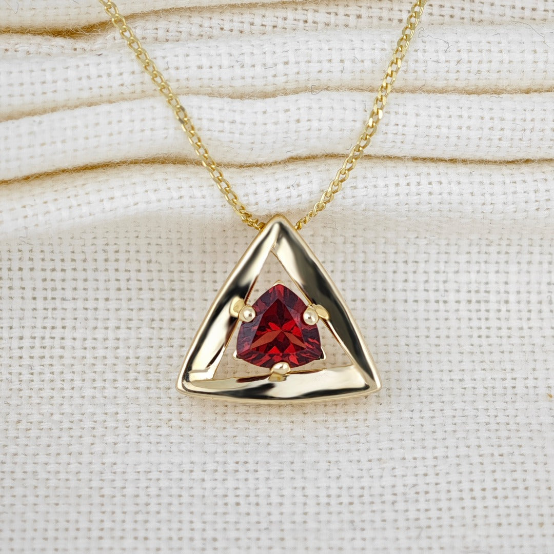 9ct Gold Garnet Necklace Red Trillion Gemstone Pendant