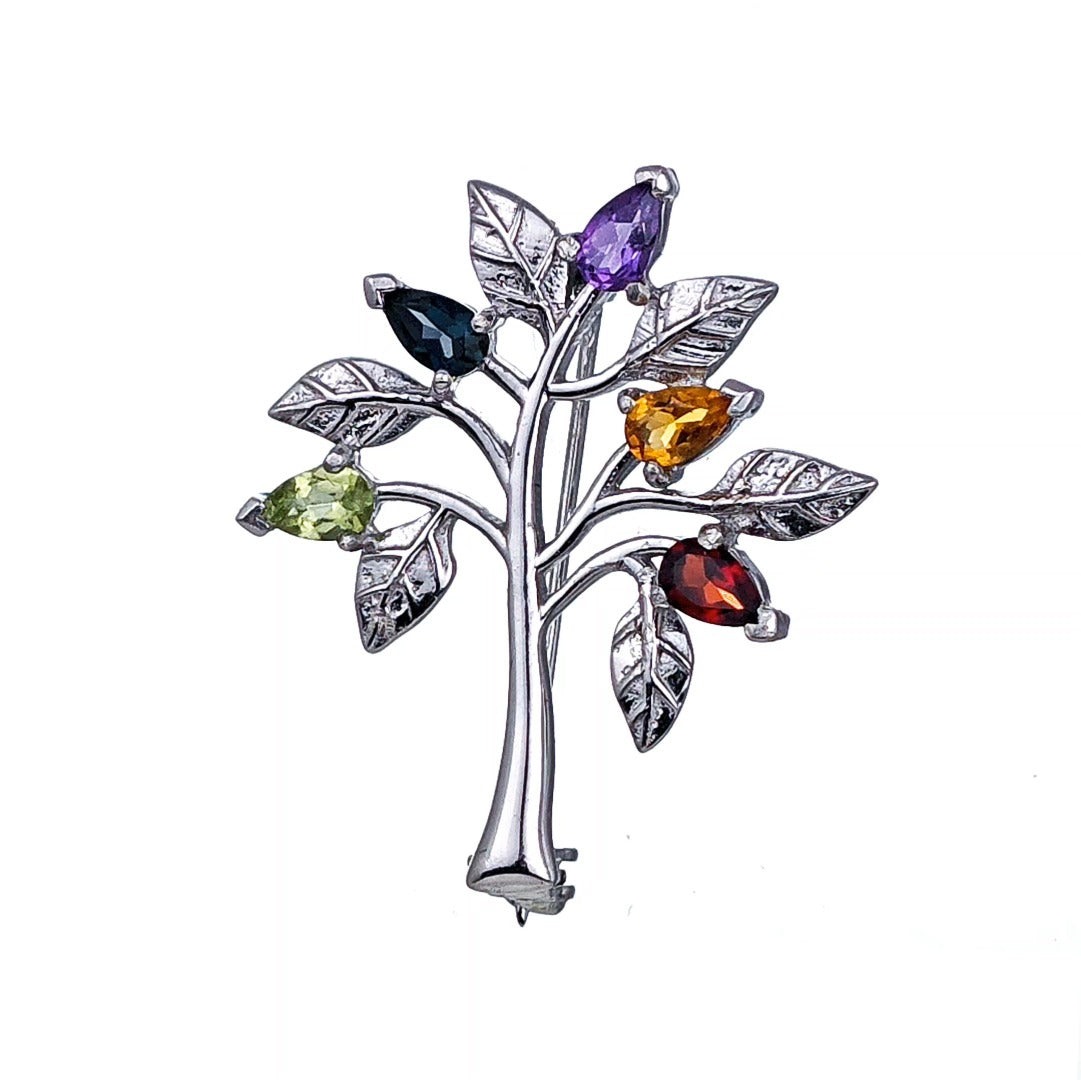 Tree of Life Brooch Sterling Silver Gemstone Elements Boxed Gift