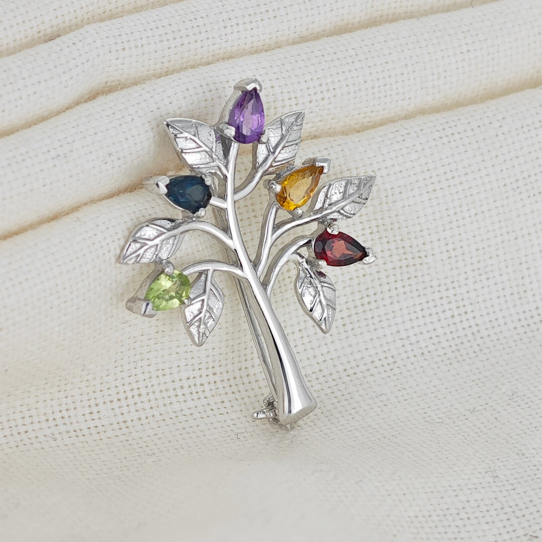 Tree of Life Brooch Sterling Silver Gemstone Elements Boxed Gift