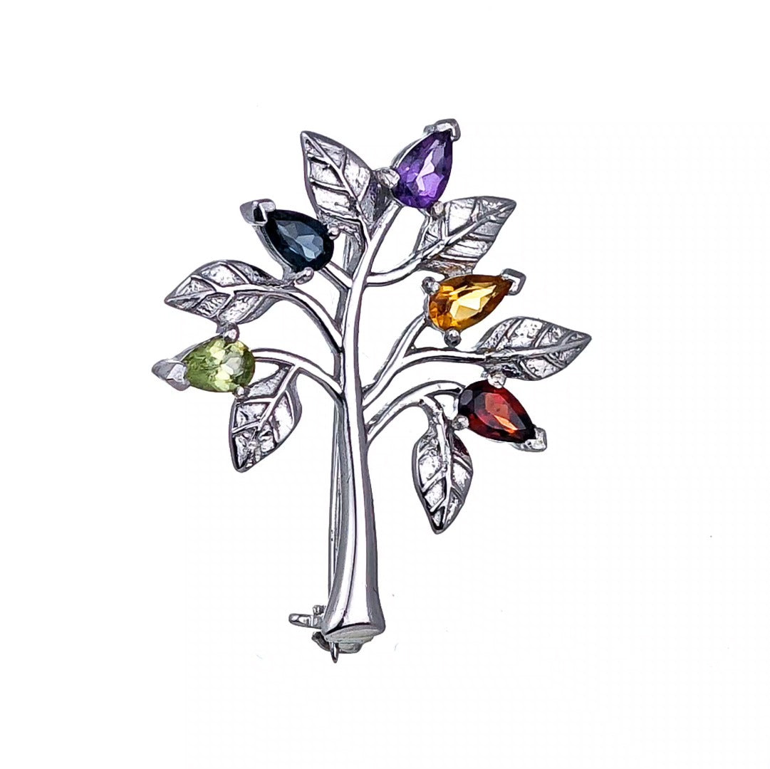 Tree of Life Brooch Sterling Silver Gemstone Elements Boxed Gift