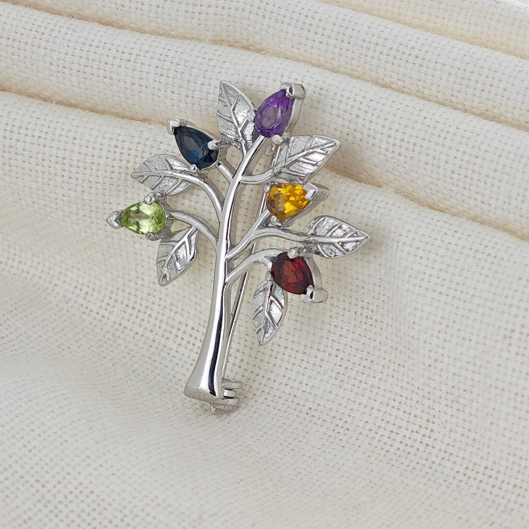 Tree of Life Brooch Sterling Silver Gemstone Elements Boxed Gift