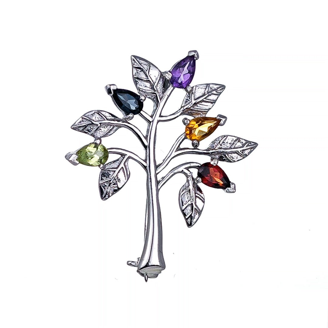 Tree of Life Brooch Sterling Silver Gemstone Elements Boxed Gift