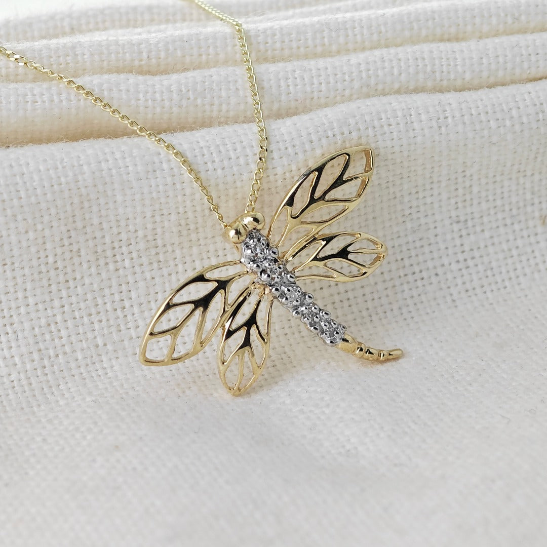 9ct Diamond Gold Necklace Dragonfly