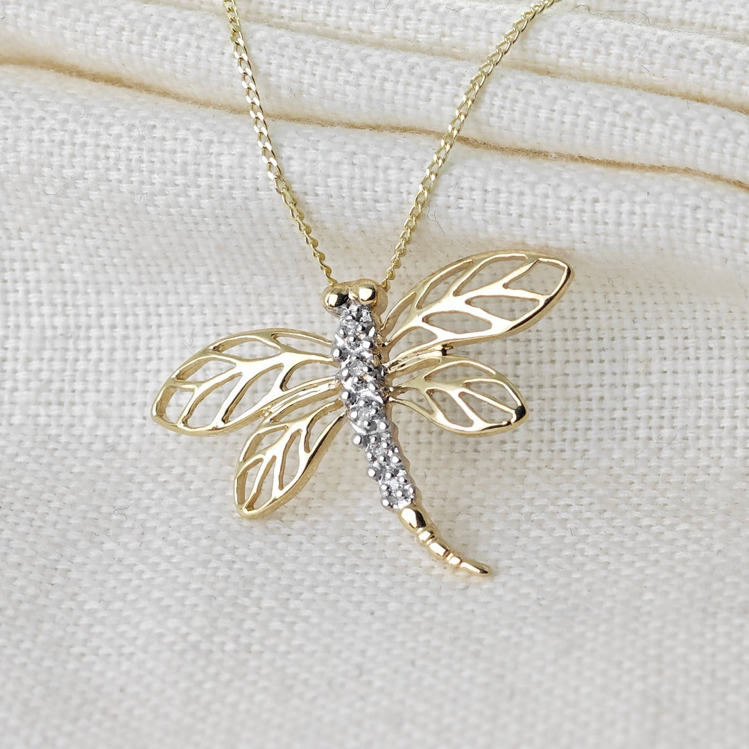 9ct Diamond Gold Necklace Dragonfly