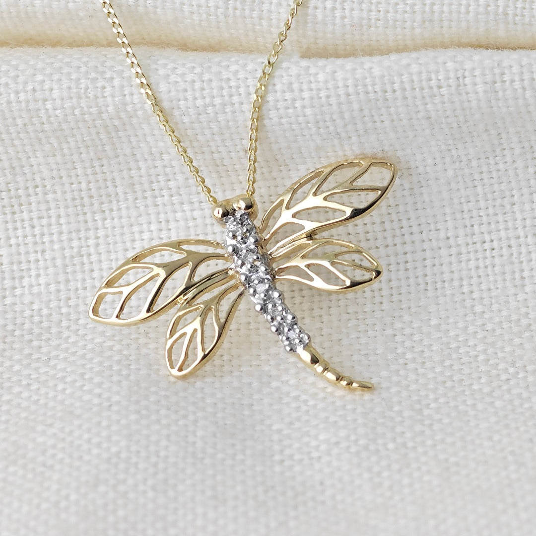 9ct Diamond Gold Necklace Dragonfly