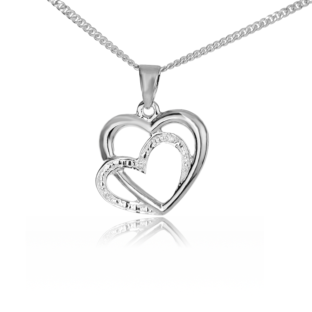 Silver Diamond Necklace Double Heart 18'' Chain