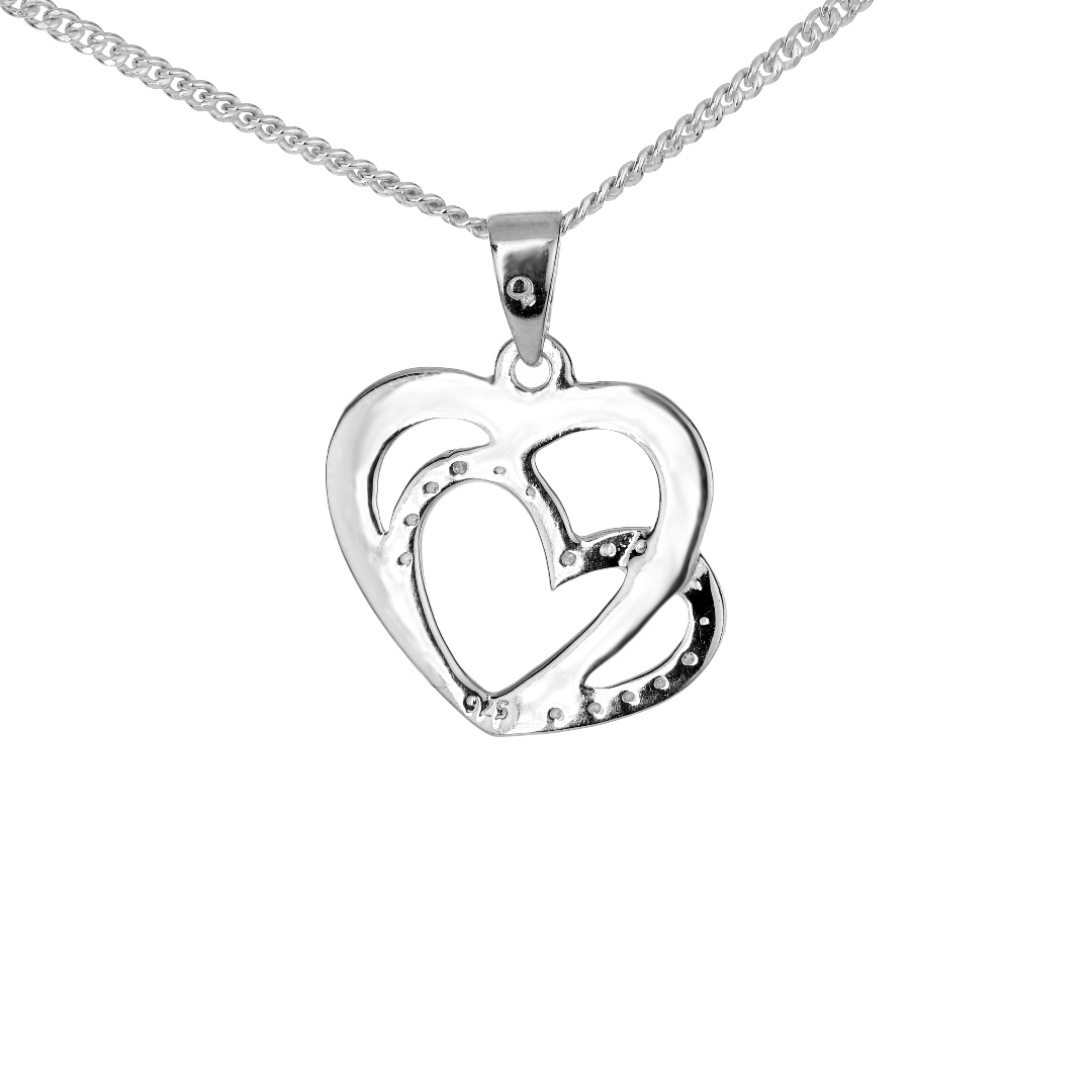 Silver Diamond Necklace Double Heart 18'' Chain