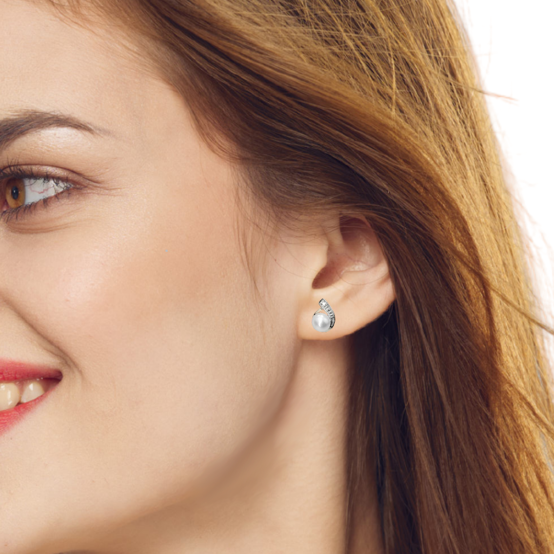 Silver Diamond Earrings Stud Pearl Womens