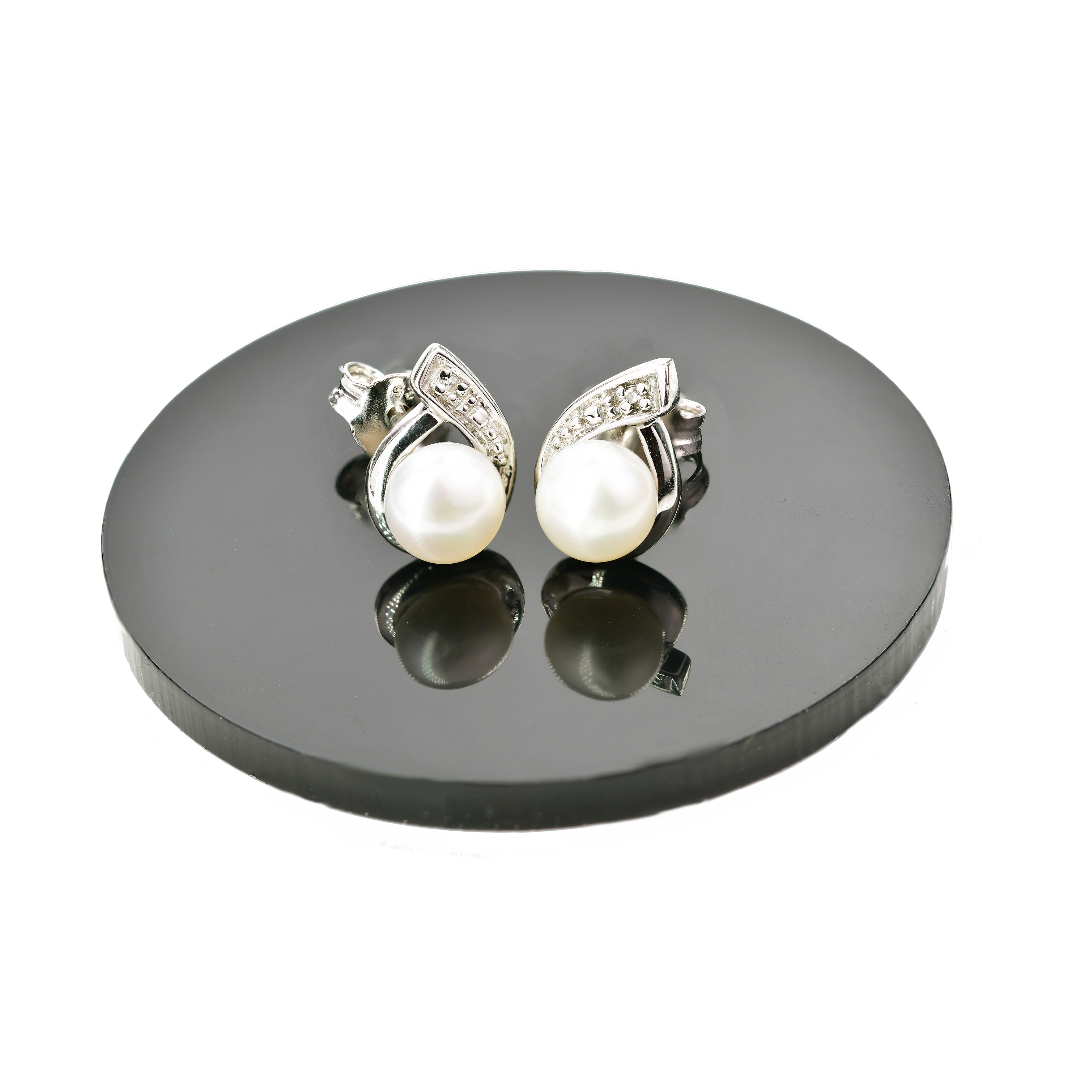 Silver Diamond Earrings Stud Pearl Womens