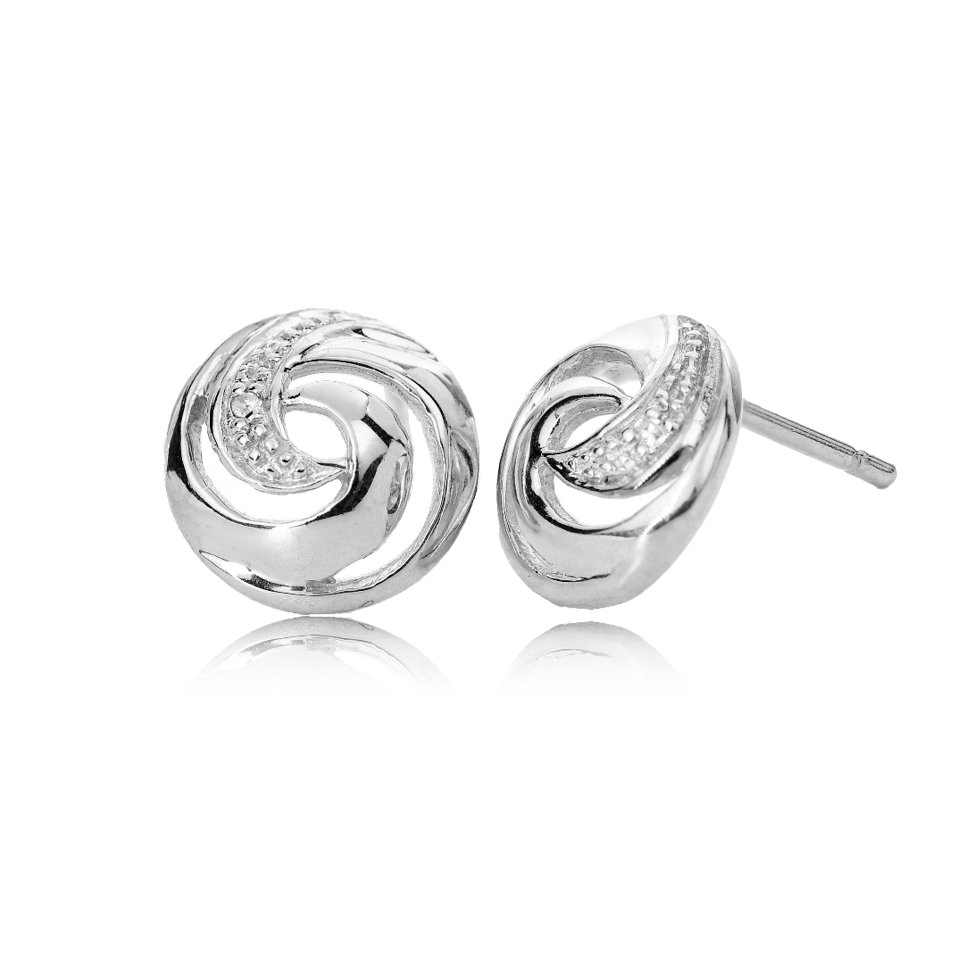 silver diamond earrings stud swirl womens designed in the UK