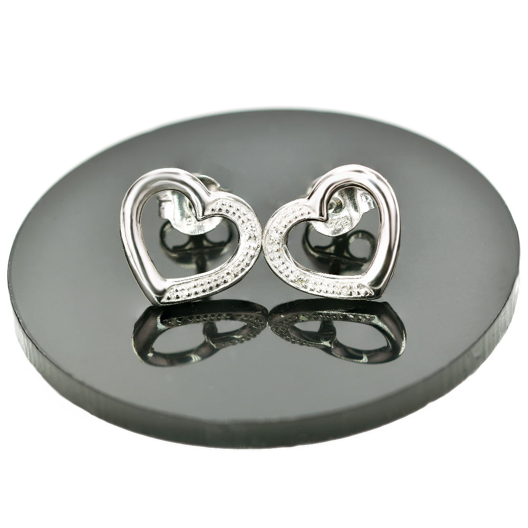 Silver Diamond Earrings Stud Heart Womens