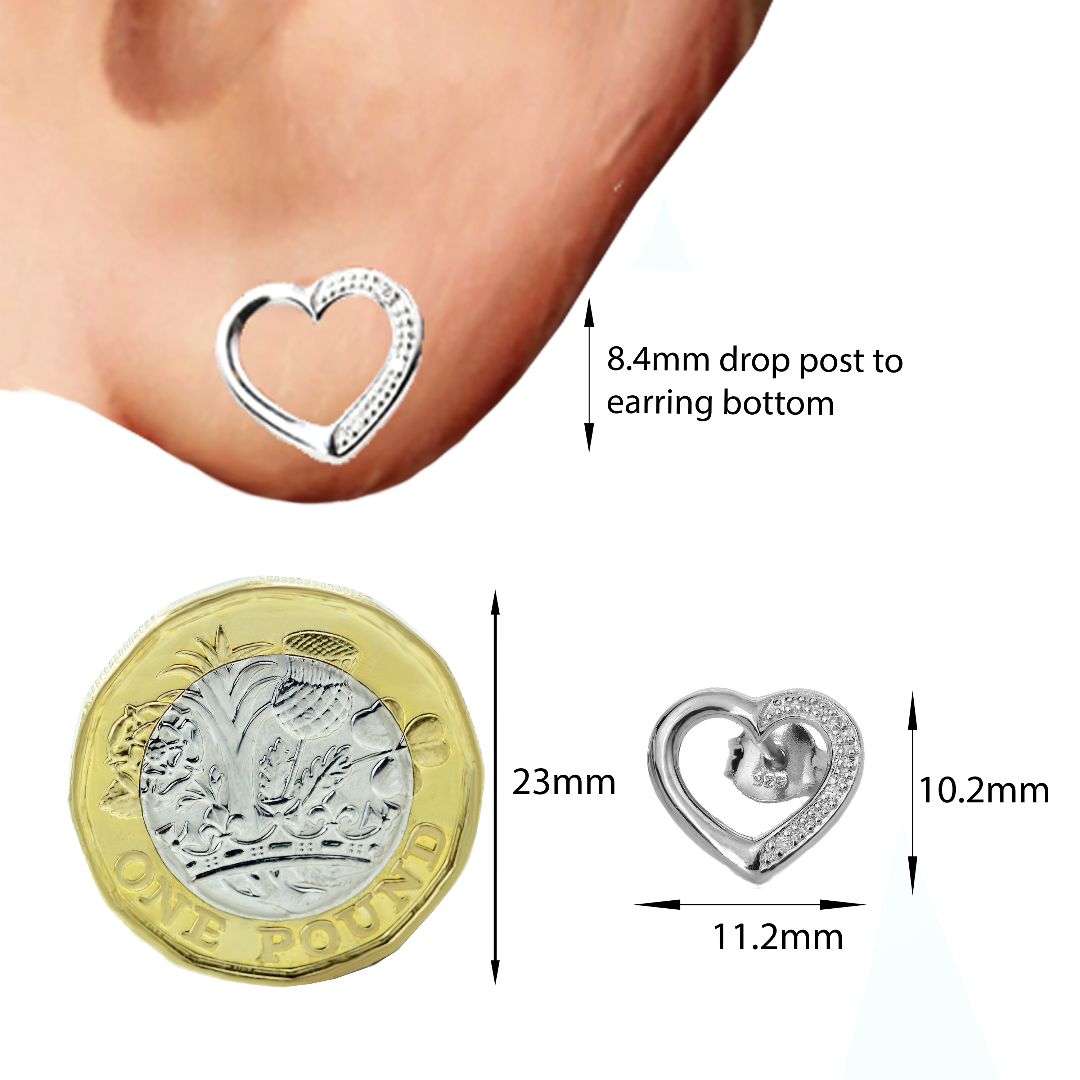 Silver Diamond Earrings Stud Heart Womens