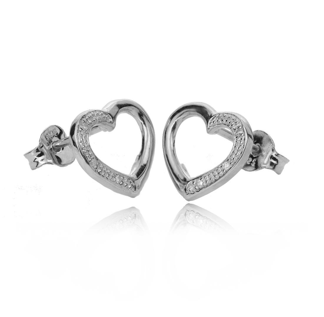 Silver Diamond Earrings Stud Heart Womens