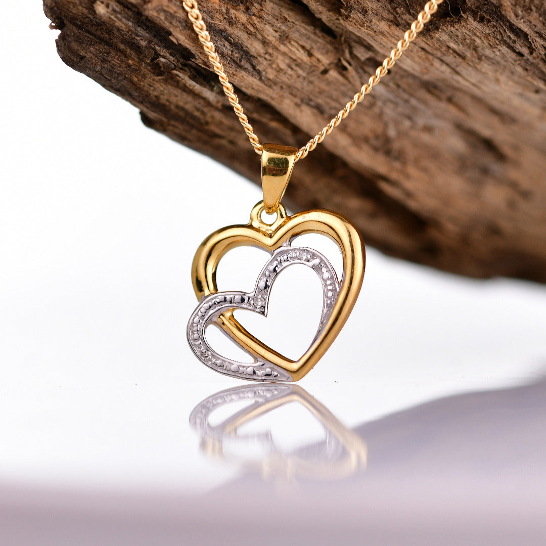 silver diamond necklace gold plate double heart designed in the UK