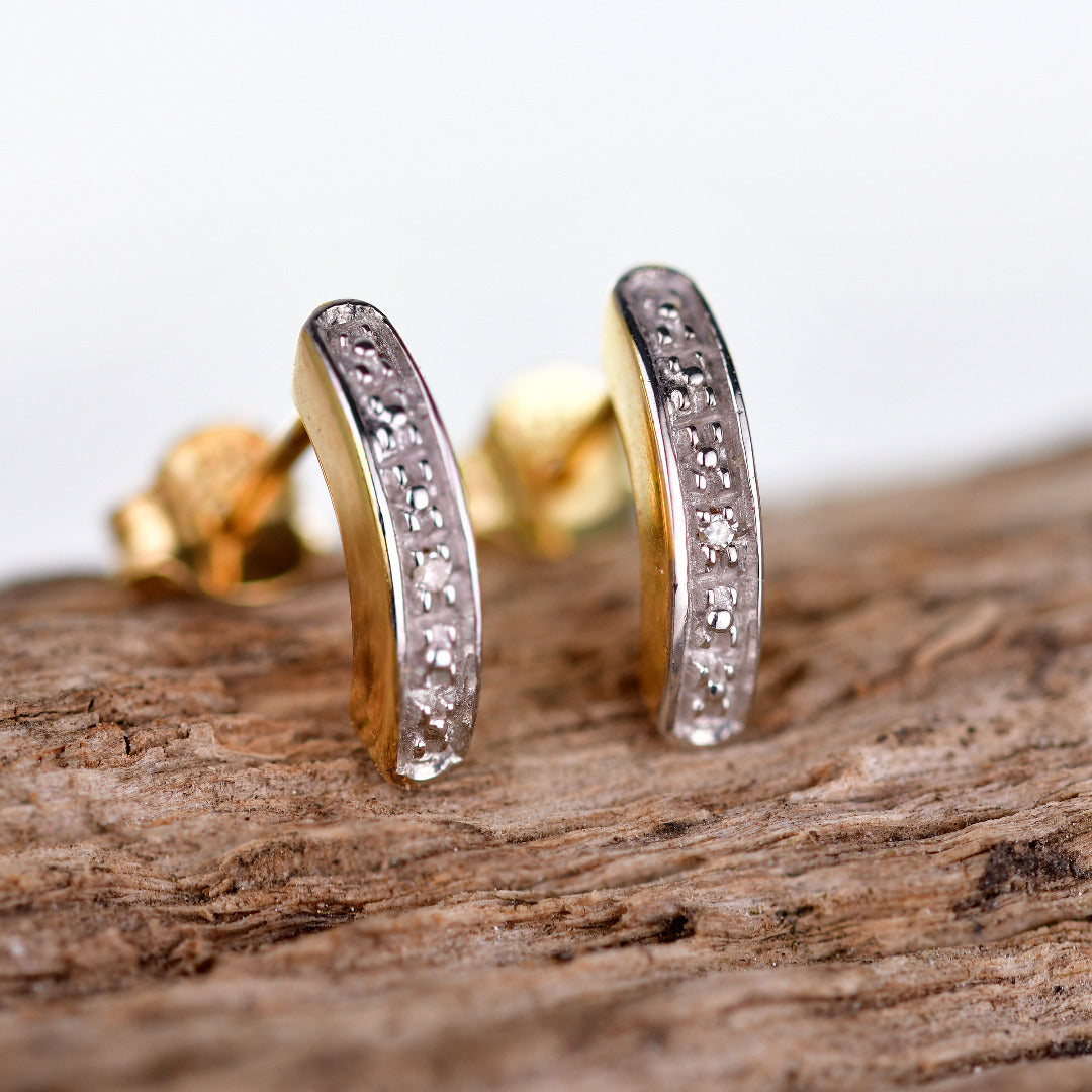 diamond stud earrings gold plated sterling silver curved bar designed in the UK