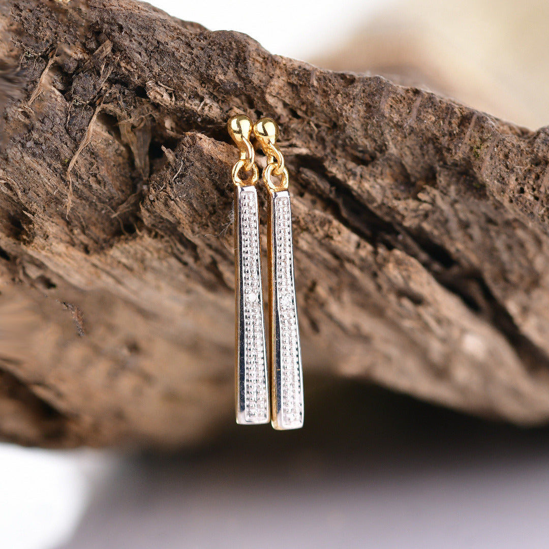diamond dangle earrings gold plated sterling silver designed in the UK