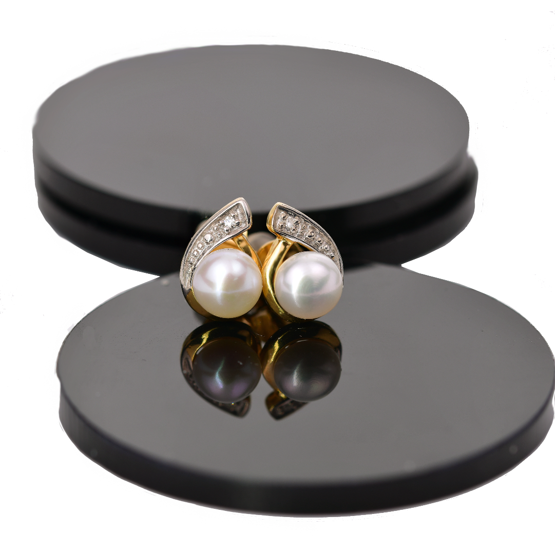 Diamond Pearl Stud Earrings Yellow Gold Plated Sterling Silver